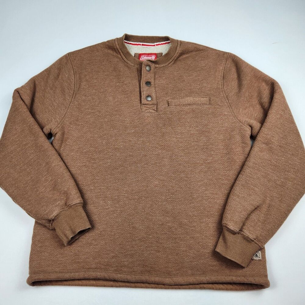 Coleman Sherpa Lined Waffle Henley Shirt Mens L Brown Pullover Pocket Outdoors